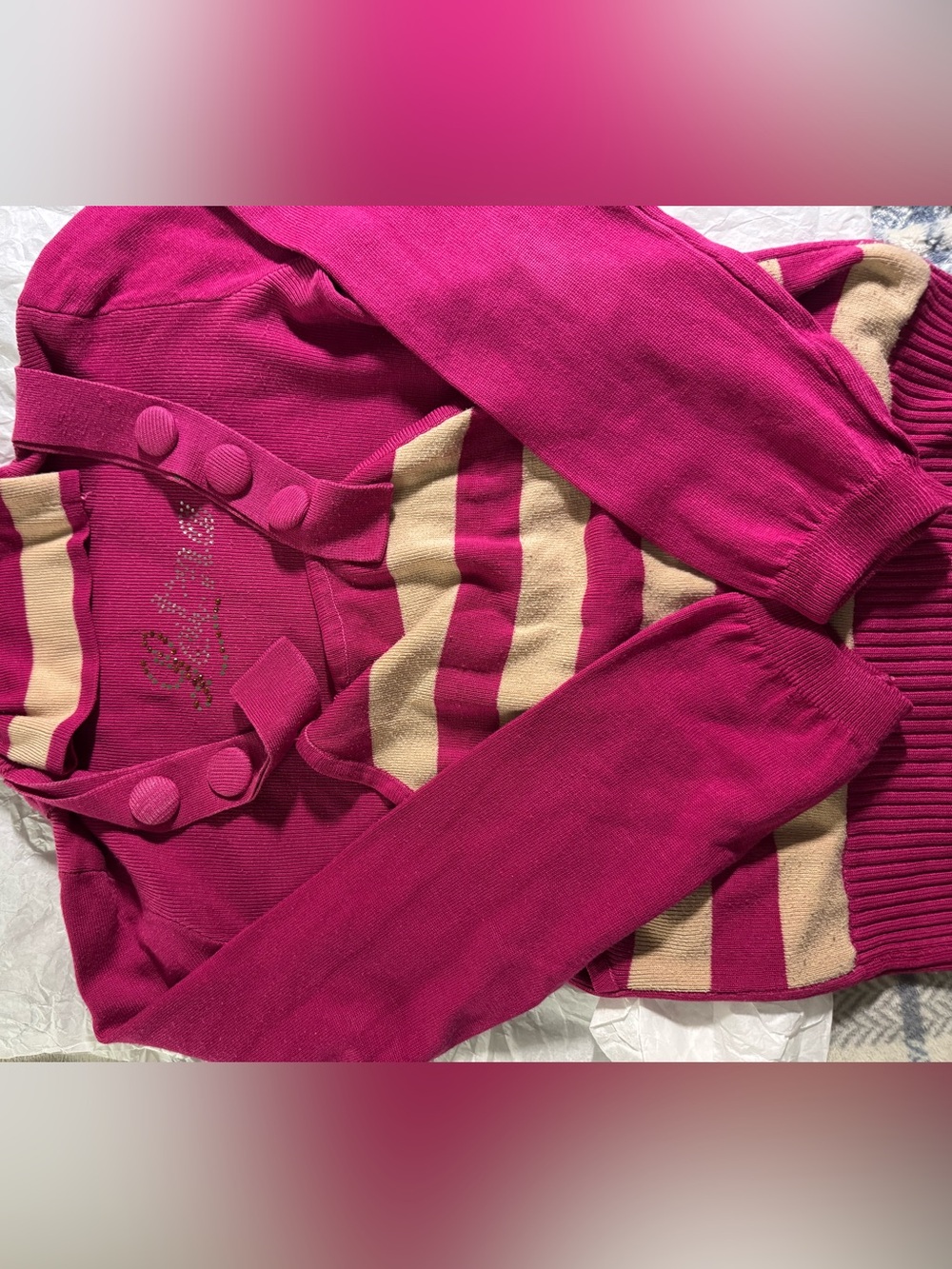 Girls' Fuchsia Knit Cardigan with Cream Stripes